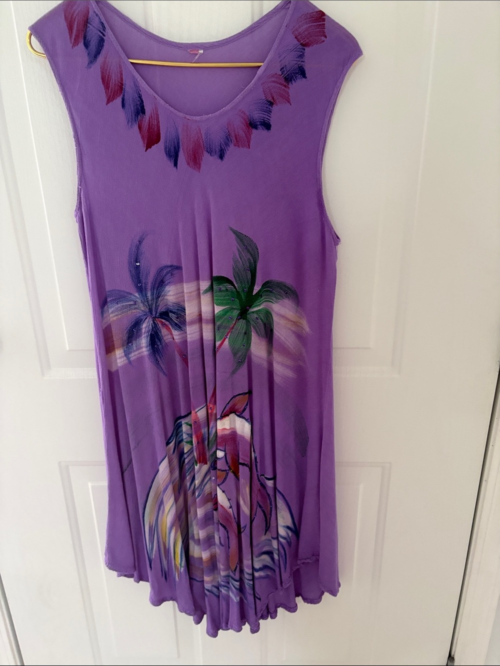 Purple Sleeveless Palm-Print Swing Tank Top